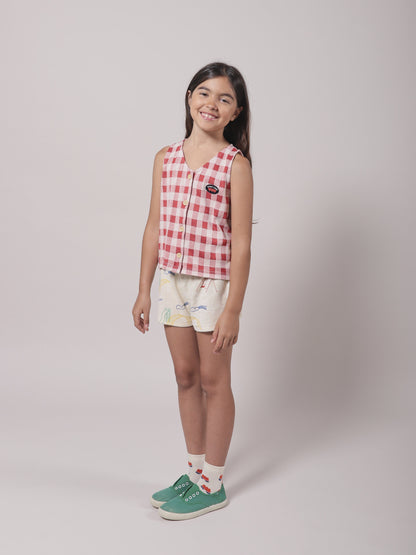 Girls Red Check Button Cotton Top