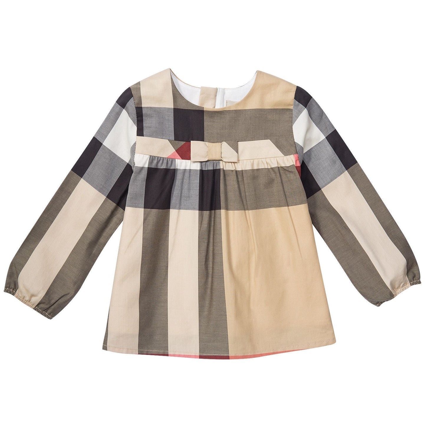 Baby Girls Beige Check Cotton Long Sleeve Dress With Bow