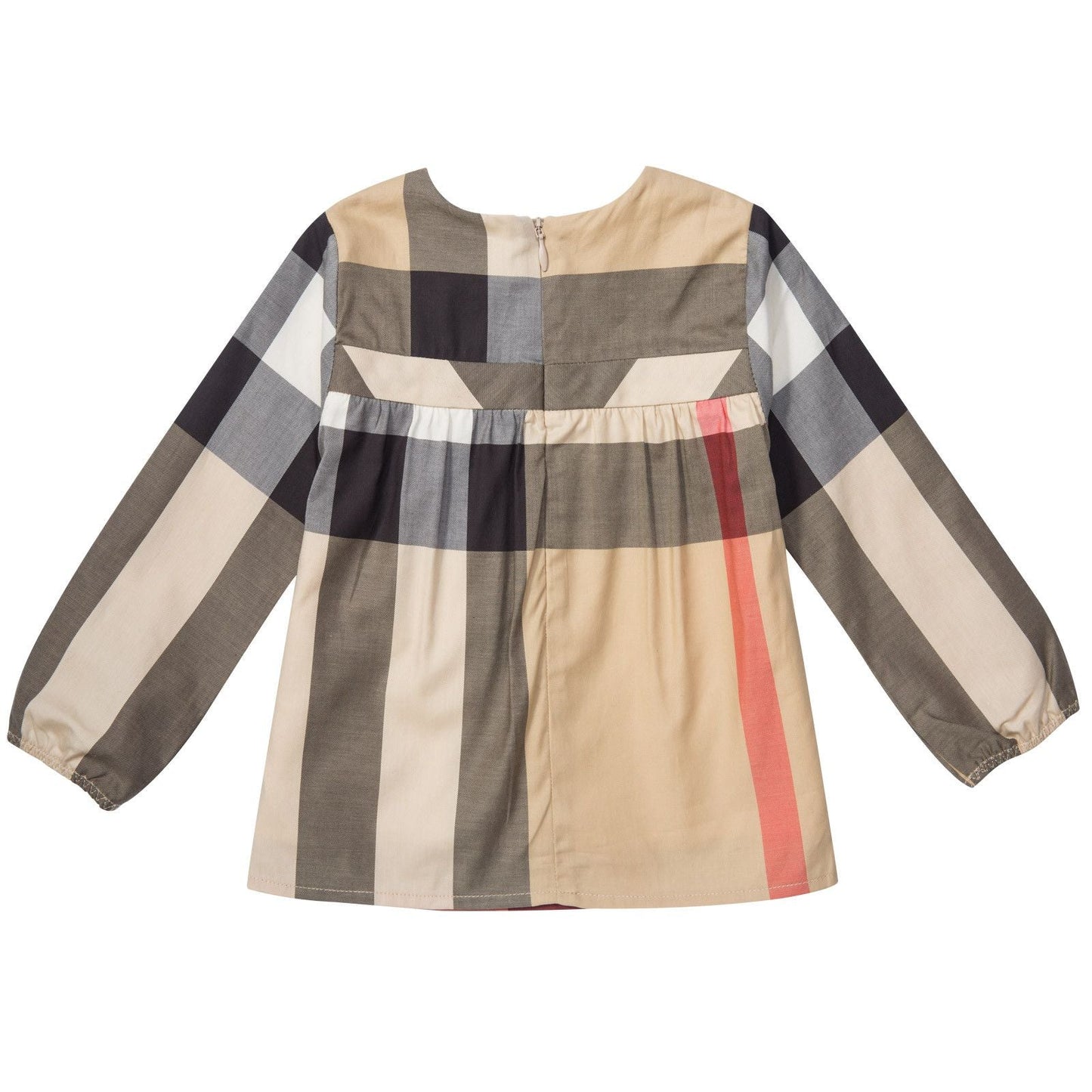 Baby Girls Beige Check Cotton Long Sleeve Dress With Bow