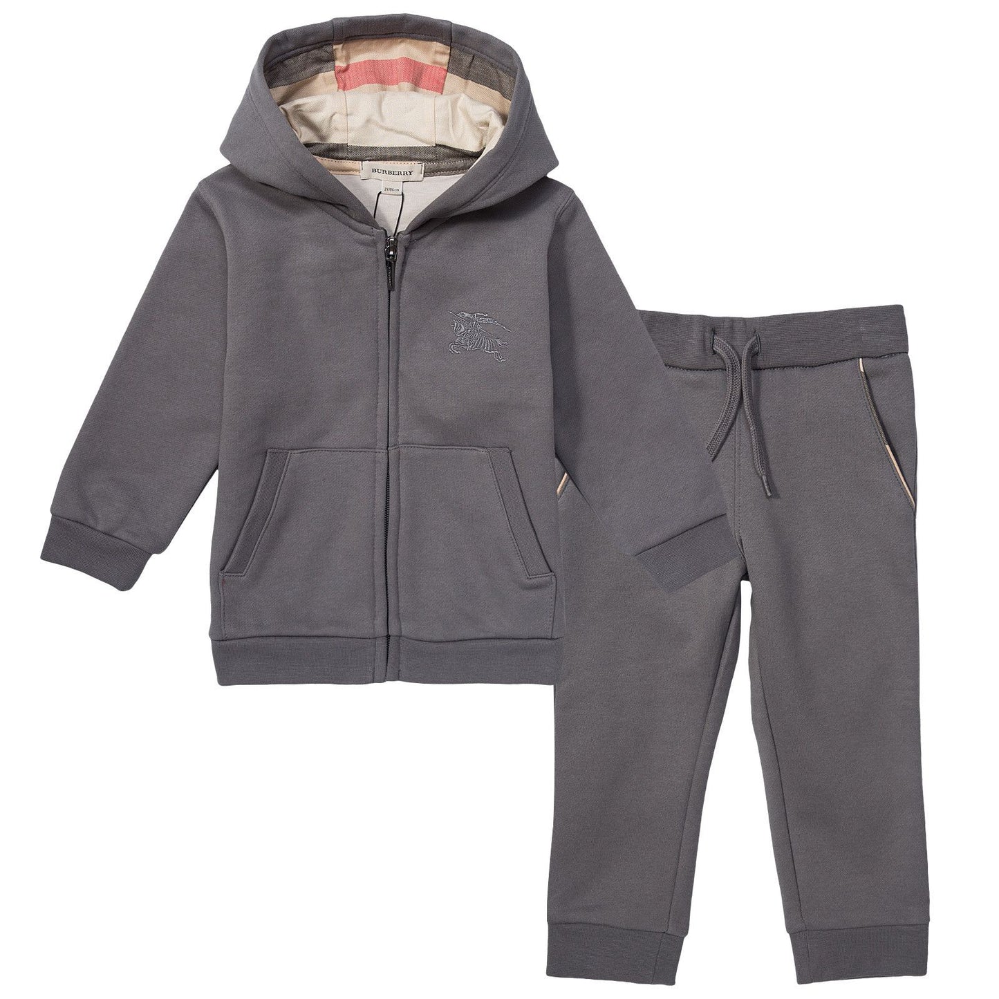 Boys Grey Tracksuit With Check Lined Hood