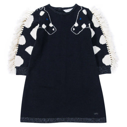 Baby Girls Navy Blue Knitted Horses Trims Dress