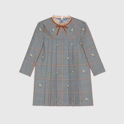 女童灰色小鸡刺绣羊毛连衣裙