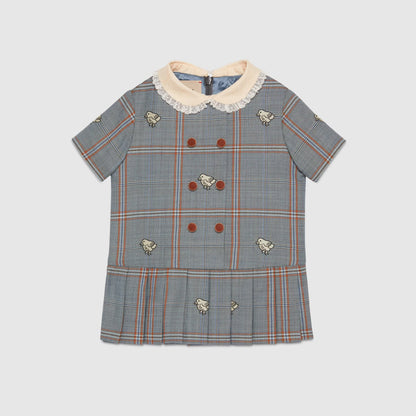 女婴灰色小鸡刺绣羊毛连衣裙