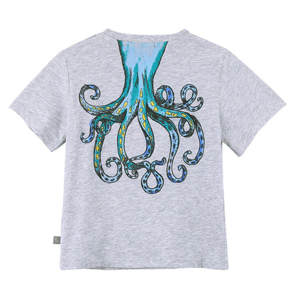 Baby Girls Grey Cotton T-Shirt With Octopus Print Trims