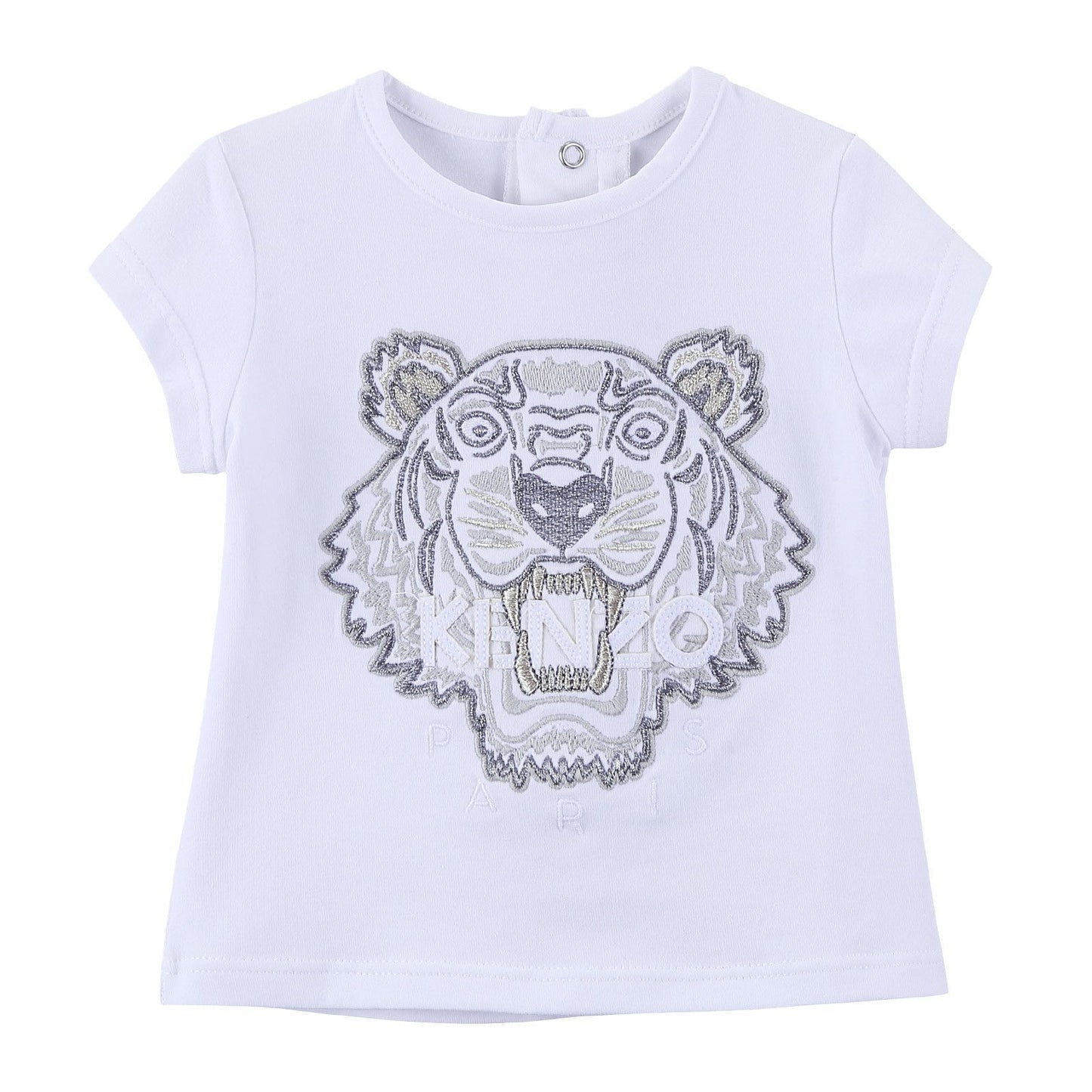 Baby Girls White Cotton Embroidered Tiger Head T-Shirt