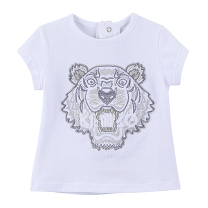 Baby Girls White Cotton Embroidered Tiger Head T-Shirt