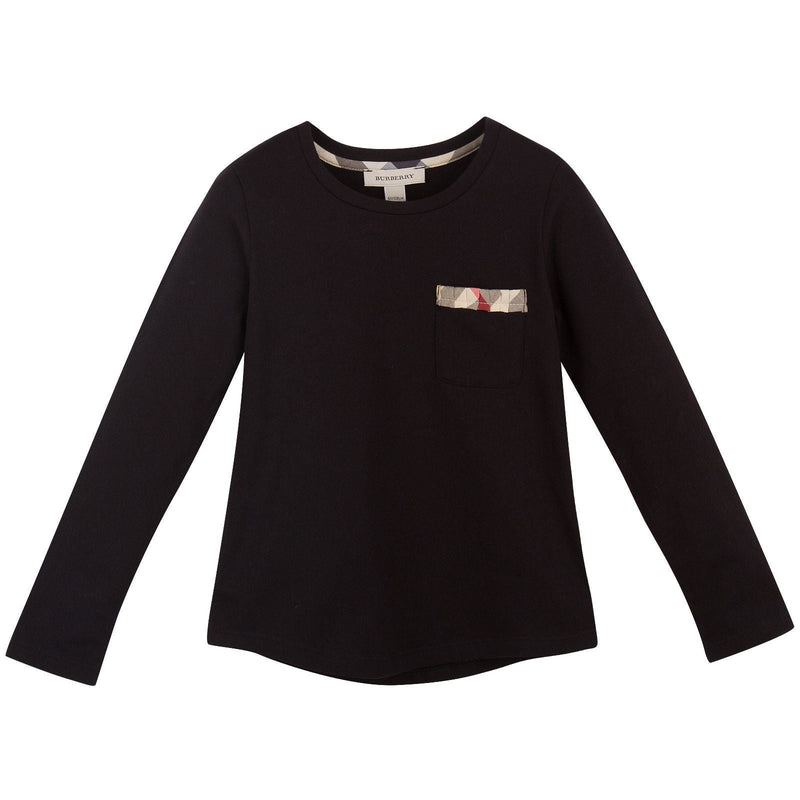 Girls Black Long Sleeve T-Shirts With Check Pocket
