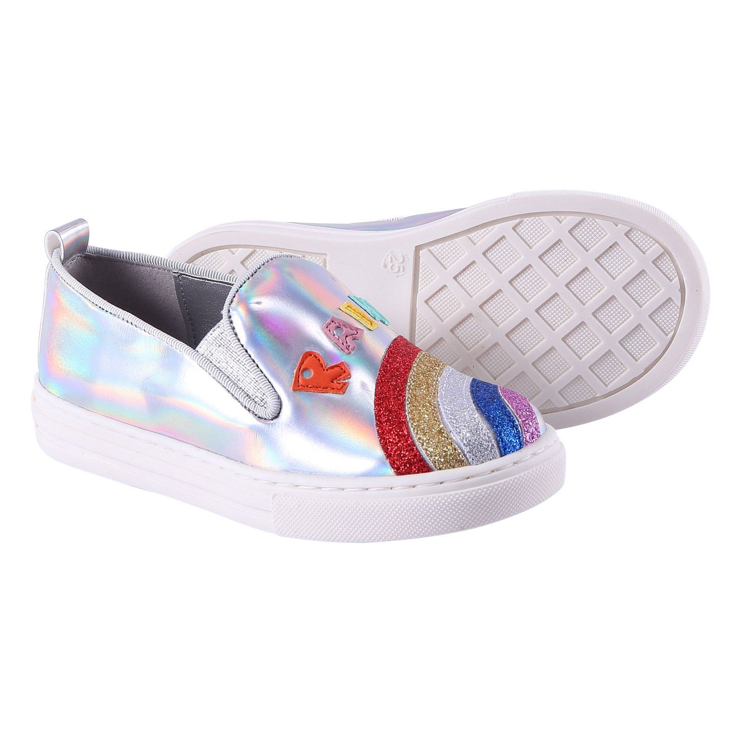 Girls Silver Shoes With Patch Rainbow Trims