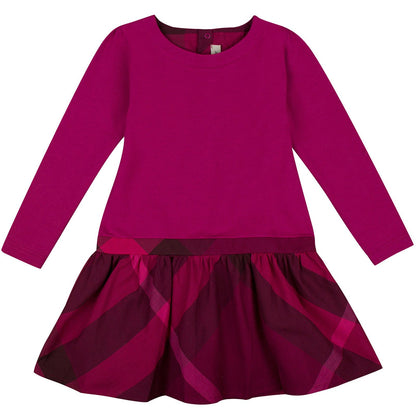 Baby Girls Purple Cotton Dress With Check Skirt
