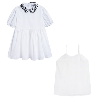 Girls White Collar And Embroidery Cotton Woven Dress