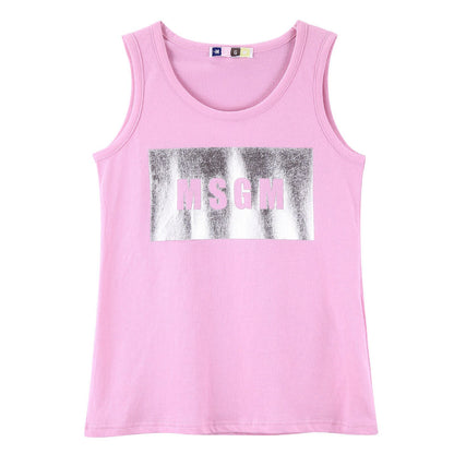 Girls Pink Cotton Jersey Vest With Silver Brand Name Logo