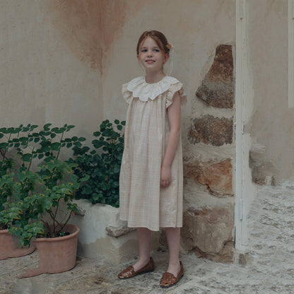 女童米粉色格子棉连衣裙