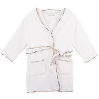 Baby White Two Pockets Cotton Bathrobe With Classic Check Trims