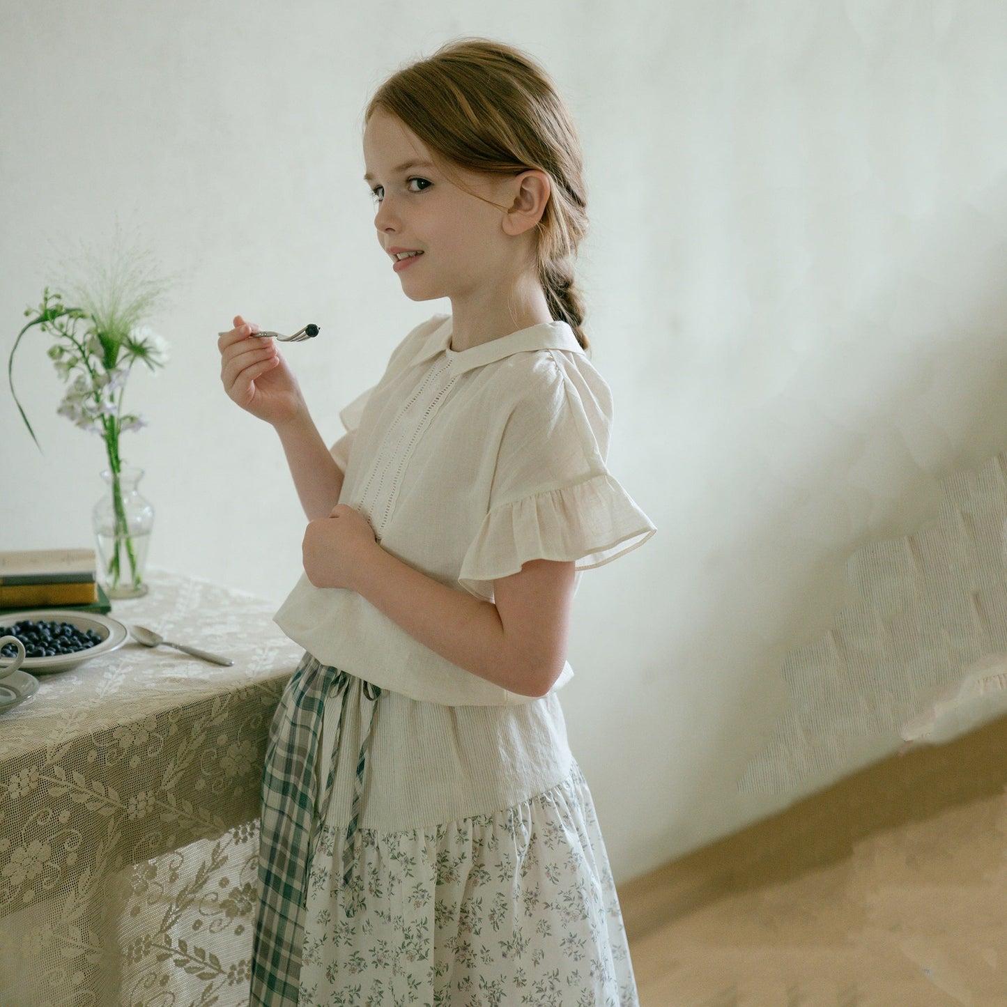 女童绿色格子棉短裙