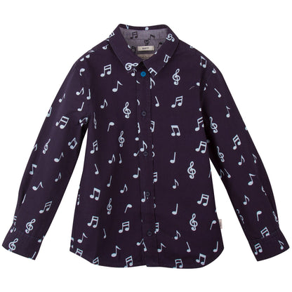 Boys Navy Blue Musical Notes Chambray Cotton Shirt