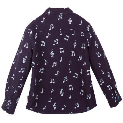 Boys Navy Blue Musical Notes Chambray Cotton Shirt