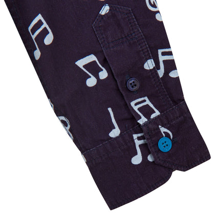 Boys Navy Blue Musical Notes Chambray Cotton Shirt