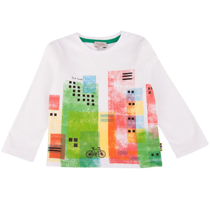 Boys White Cityscape Printed T-Shirt