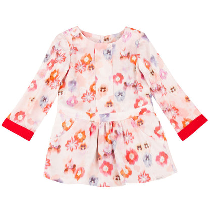 Girls Pink Floral Printed Dress With Two Skirt Pockets