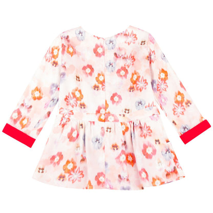 Girls Pink Floral Printed Dress With Two Skirt Pockets