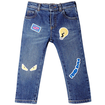 Baby Boys Blue Denim Monster Logo Patch Jeans