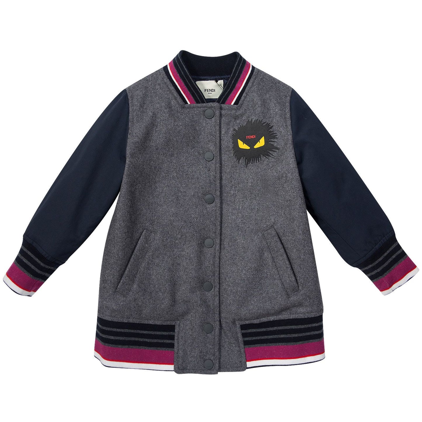 Girls Grey Monster Purple Striped Collar Varsity Jacket