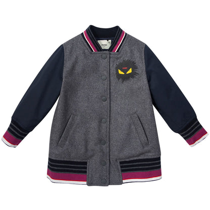Girls Grey Monster Purple Striped Collar Varsity Jacket
