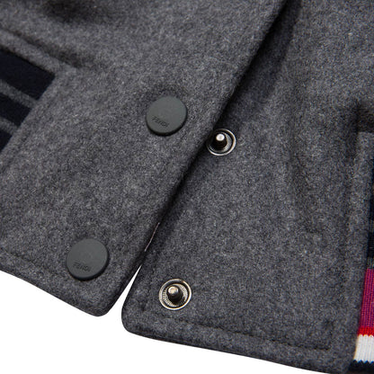 Girls Grey Monster Purple Striped Collar Varsity Jacket