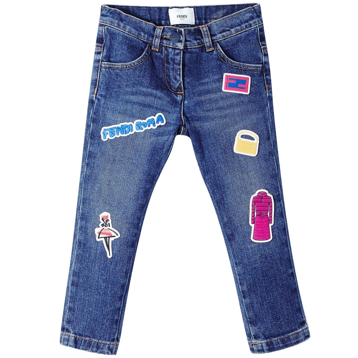 Girls Blue Denim Patch Logo Badge Jeans