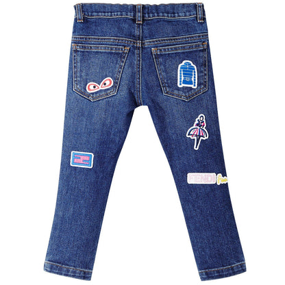 Girls Blue Denim Patch Logo Badge Jeans