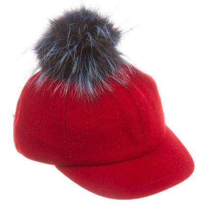 Girls Red Wool Cap With Blue Fur Trim