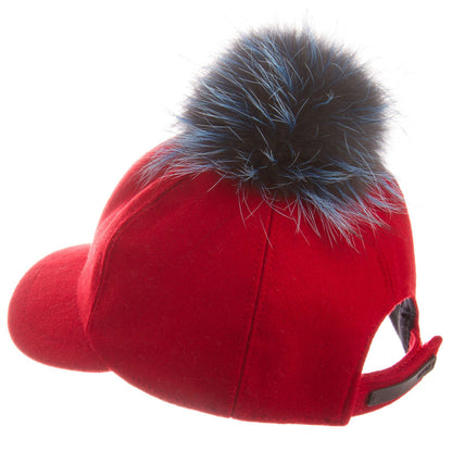 Girls Red Wool Cap With Blue Fur Trim