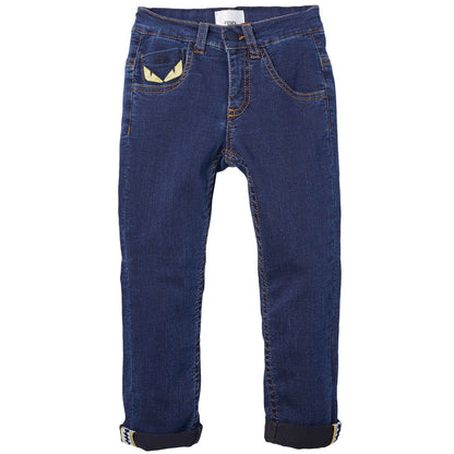 Boys Dark Blue Monster Embroidered Jeans