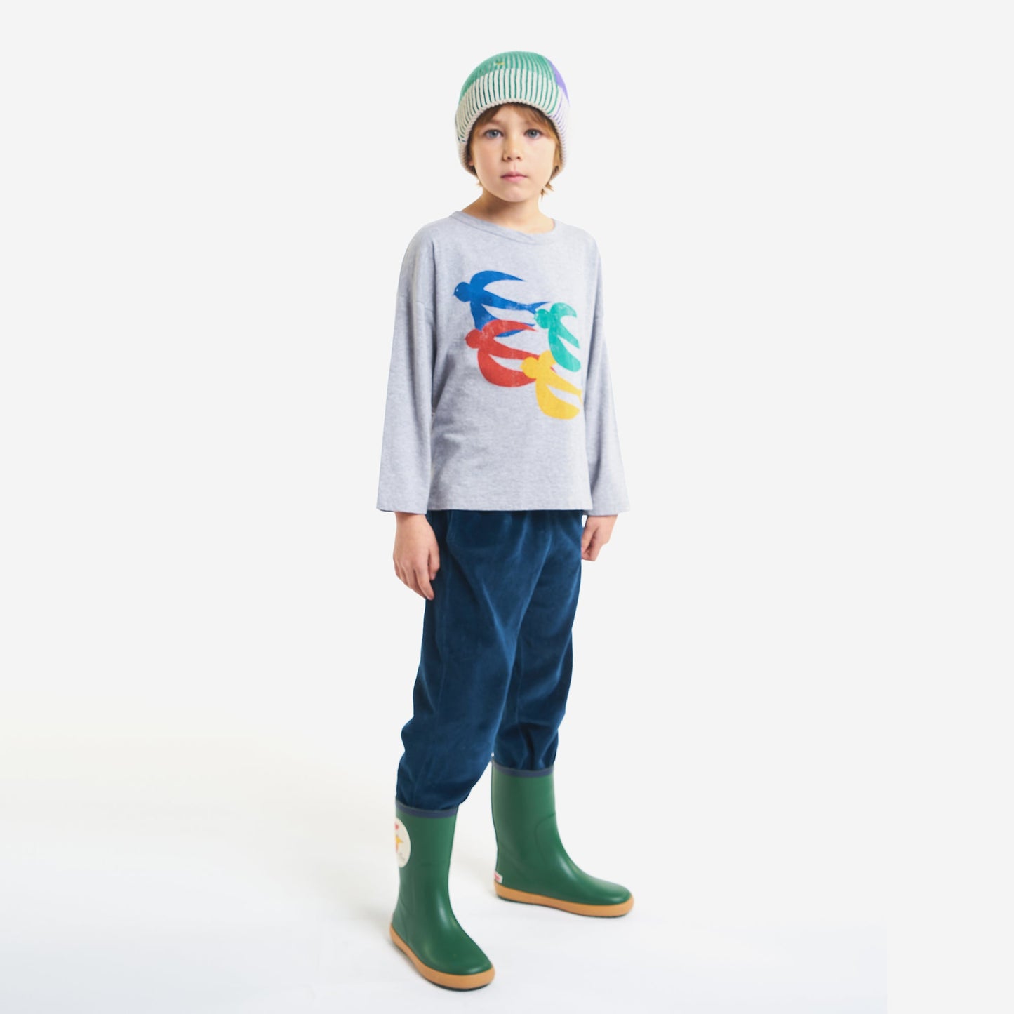 儿童灰色小鸟印花棉T恤