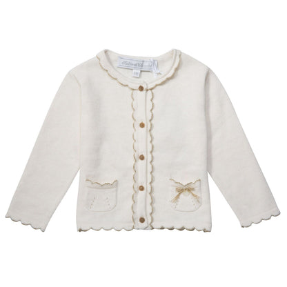 Baby Girls Ivory Knitted Gold Lurex Thread Trims Cardigan