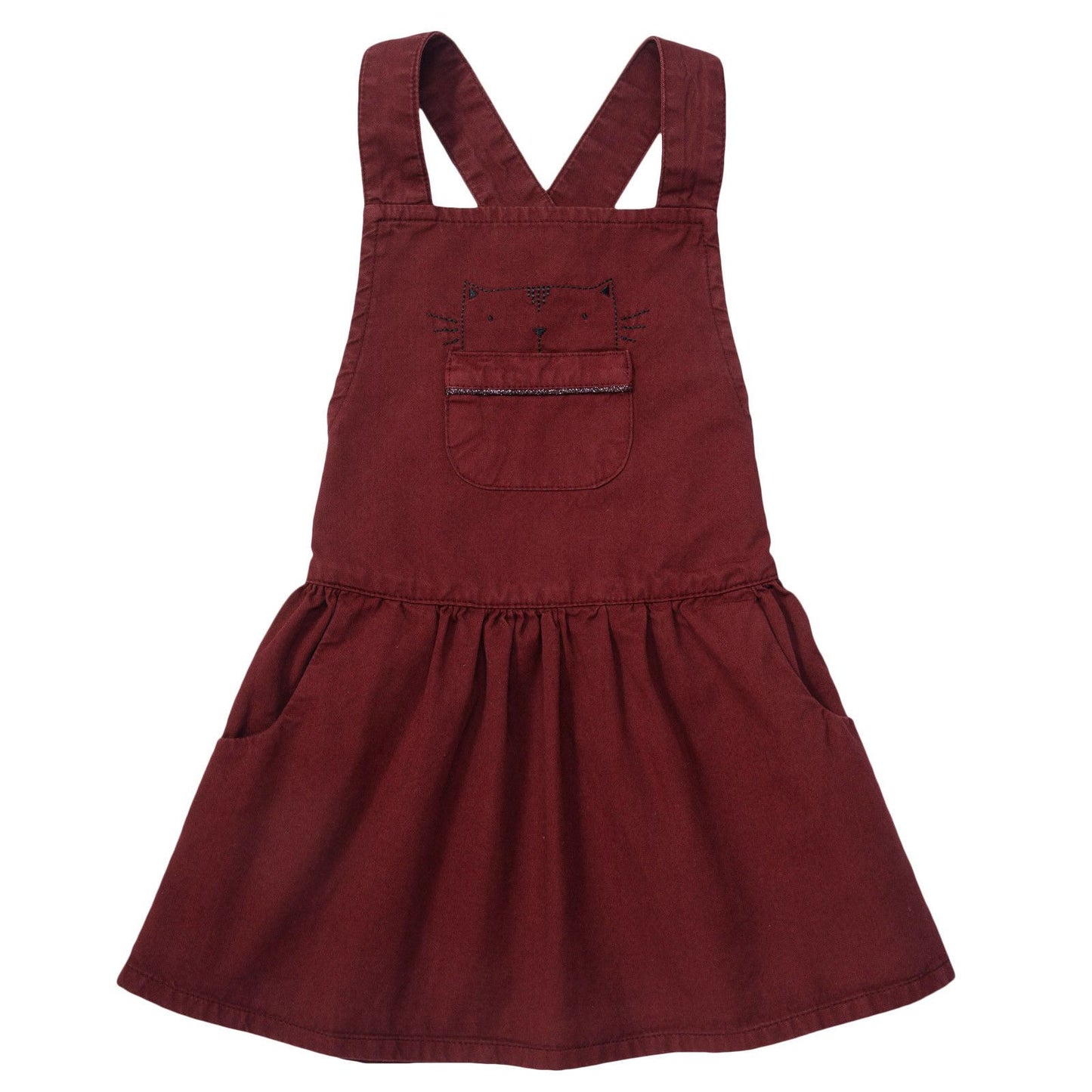 Girls Red Cat Pocket Dungaree Dress