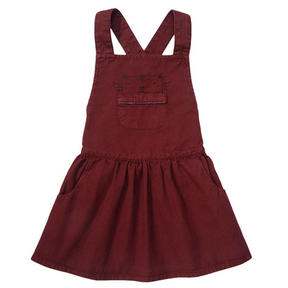 Girls Red Cat Pocket Dungaree Dress