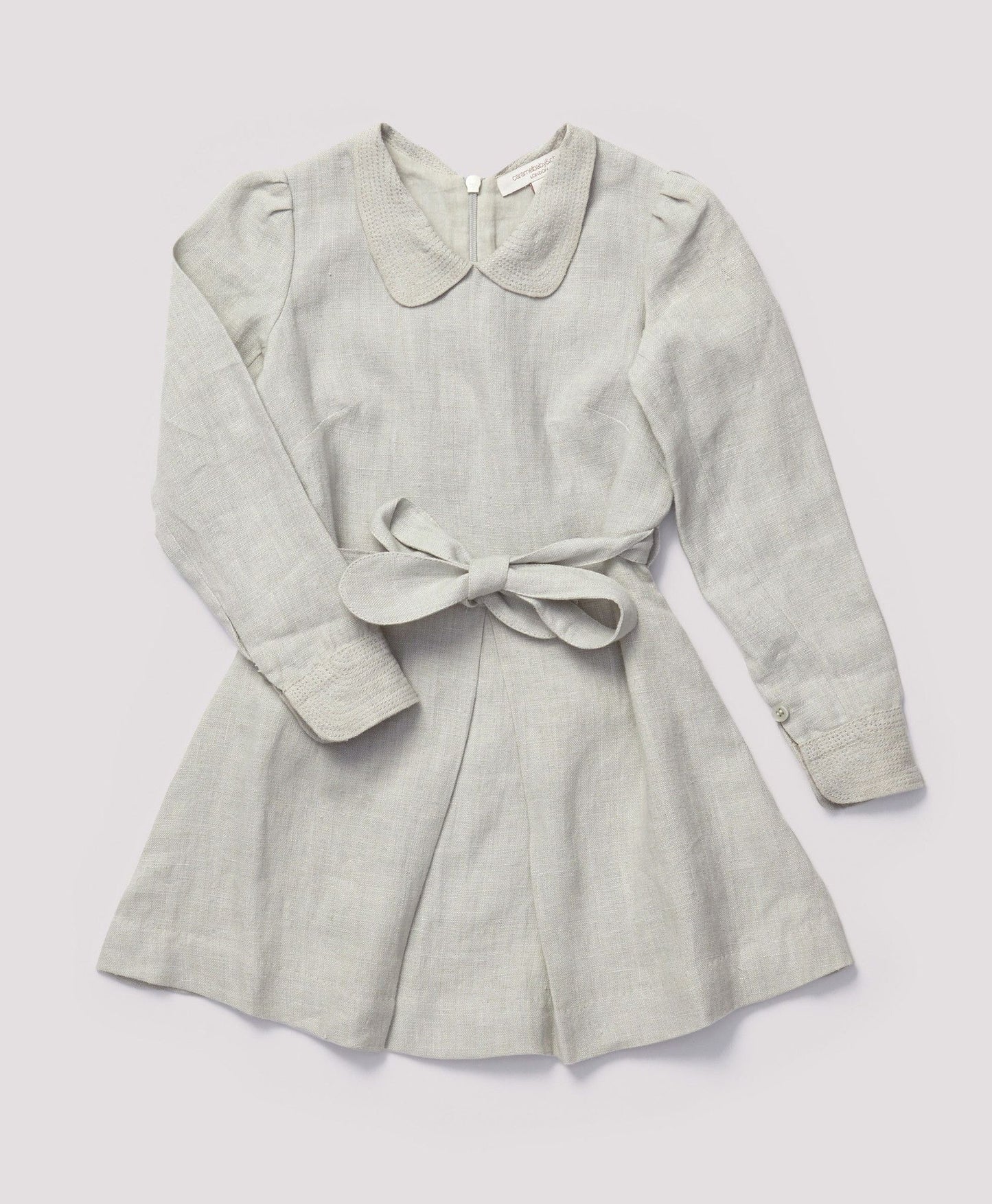 Girls Grey Eembroidered Collar Heartwood Dress With Belt