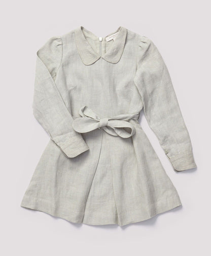 Girls Grey Eembroidered Collar Heartwood Dress With Belt
