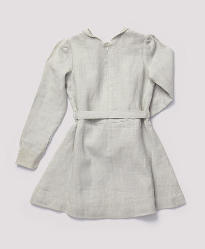 Girls Grey Eembroidered Collar Heartwood Dress With Belt