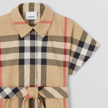 女童米色格子棉连衣裙