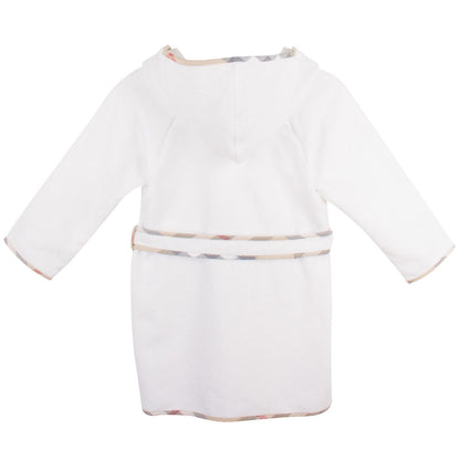 Baby White Two Pockets Cotton Bathrobe With Classic Check Trims