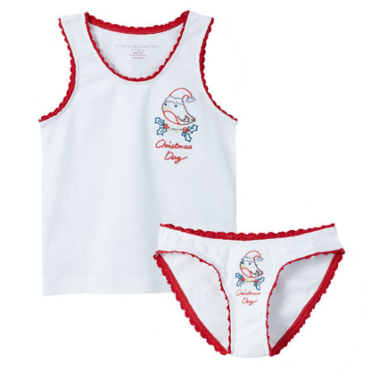 Girls White Organic Cotton Printed Knickers&Vest