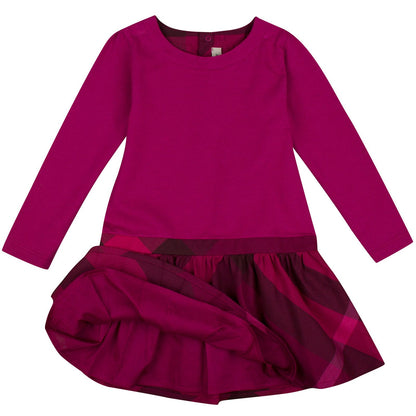 Baby Girls Purple Cotton Dress With Check Skirt