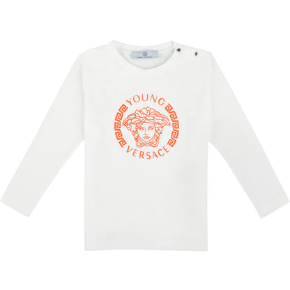 Baby Boys Ivory T-Shirt With Orange Medusa Logo