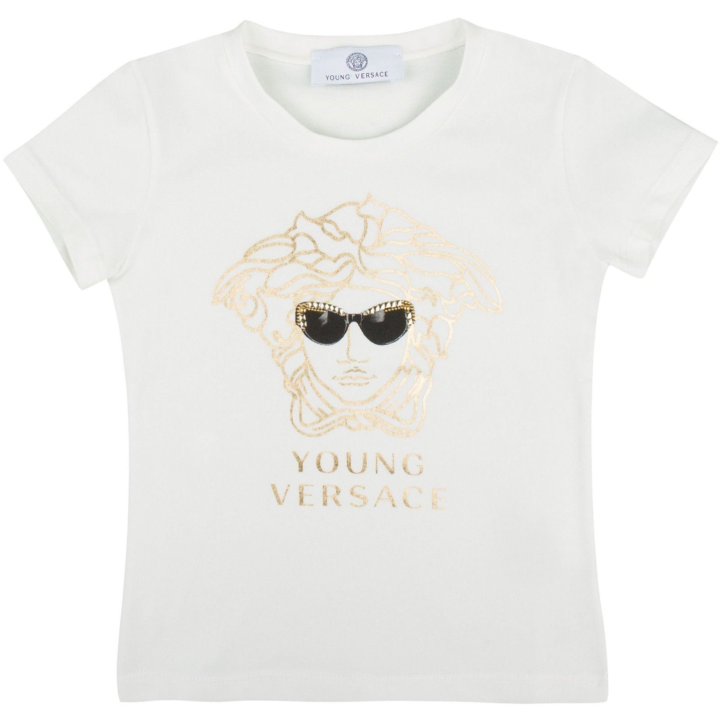 Girls Ivory T-Shirt With Gold Medusa Printed Logo