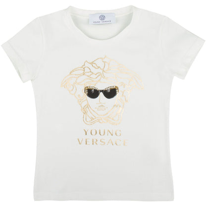Girls Ivory T-Shirt With Gold Medusa Printed Logo
