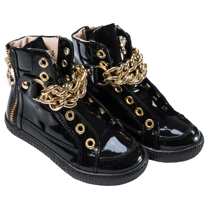 Girls Black Patent Leather High-Top Trainers