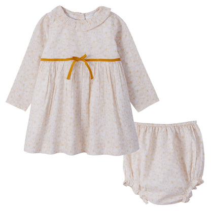 Baby Girls Beige Pansy Printted Dress&Knickers With Mustard Yellow Ribbon