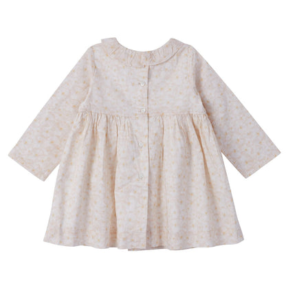 Baby Girls Beige Pansy Printted Dress&Knickers With Mustard Yellow Ribbon
